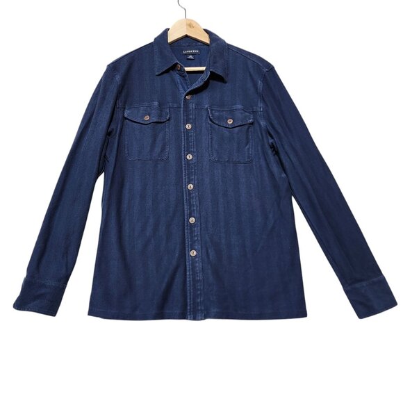 Lands End Mens Medium Long Sleeve Navy Cotton Button-Up Shirt With Chest Pockets - Picture 1 of 7